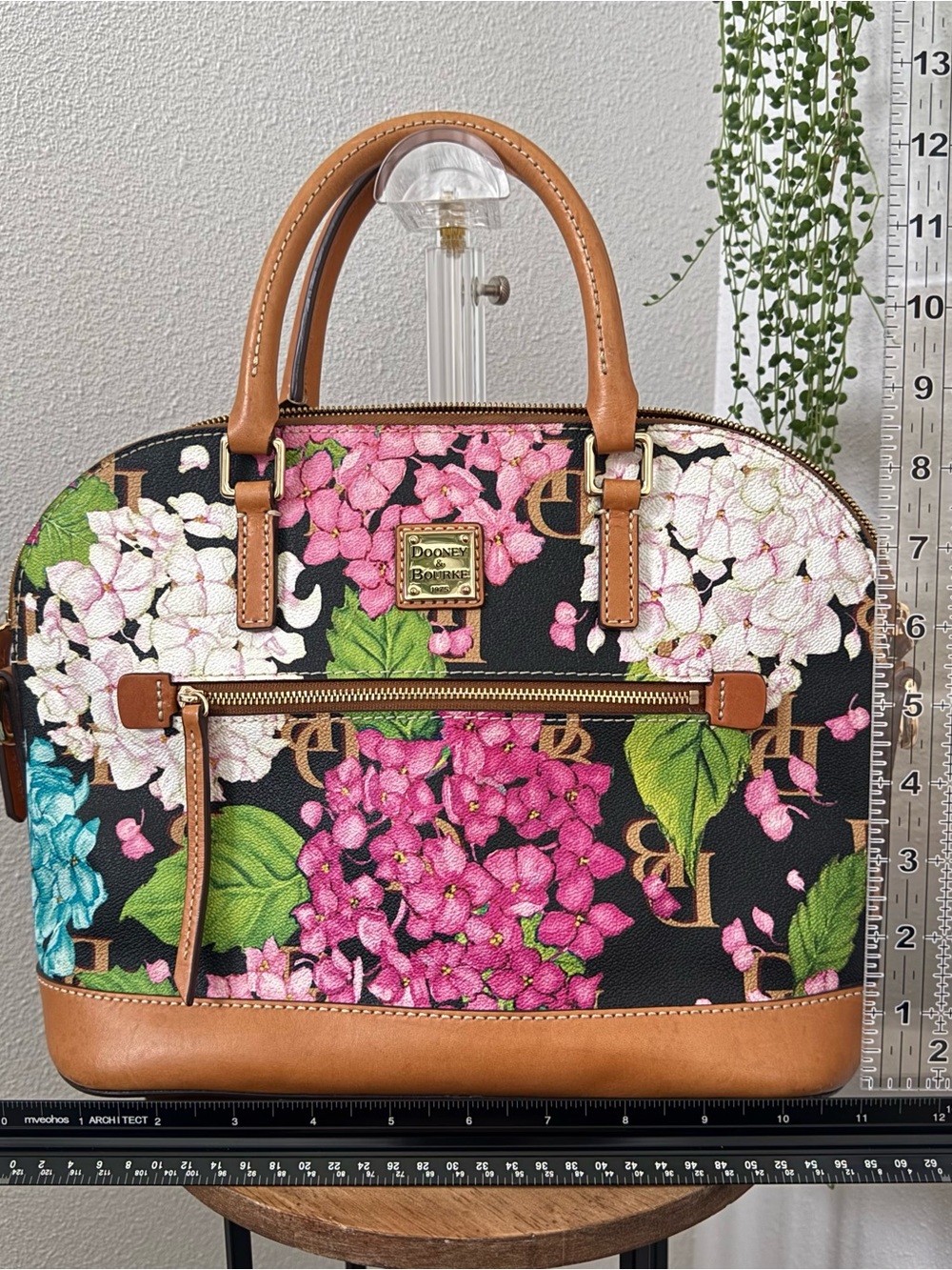 Dooney & Bourke Black Monogramed Hydrangea Domed Zip Satchel With Tan Trim - Picture 3 of 8